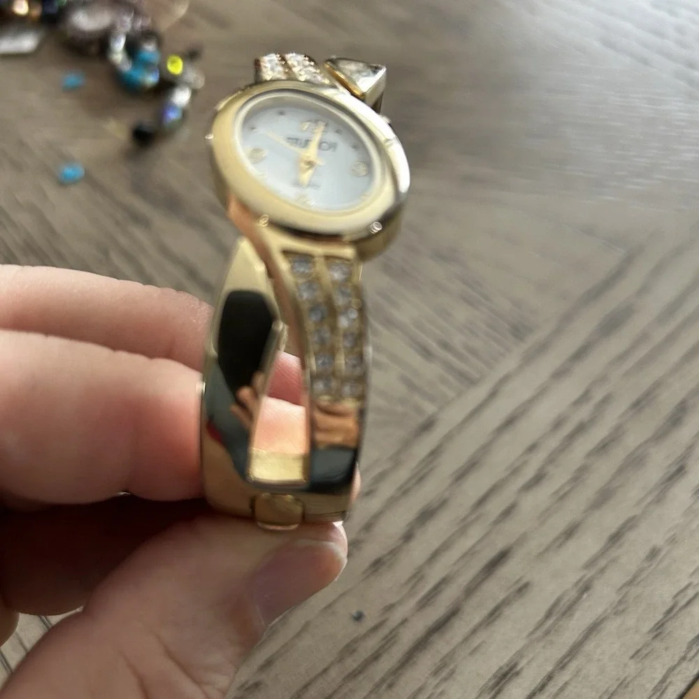 Studio Gold Tone Rhinestone Cuff Bracelet Watch Quartz Y2K